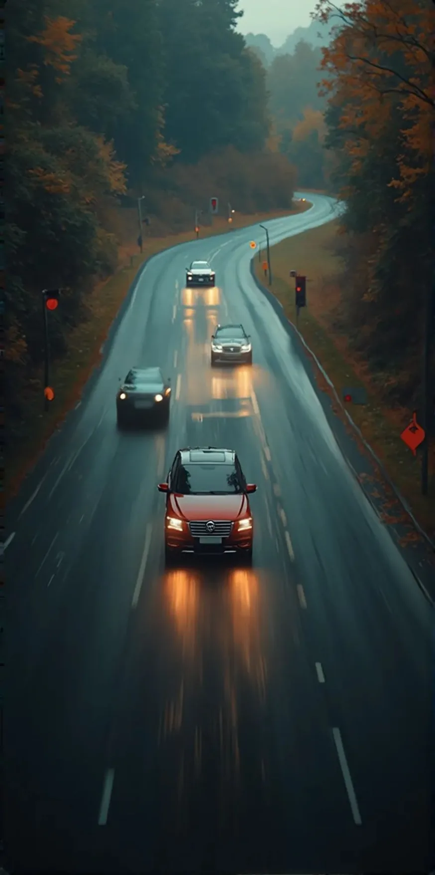 Voitures sur une route mouillée par la pluie, à l'automne