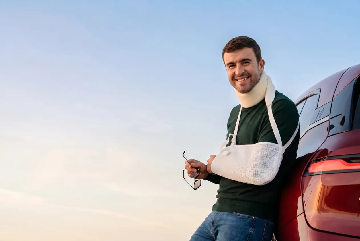 Homme au bras en écharpe et minerve, appuyé contre une voiture après un accident